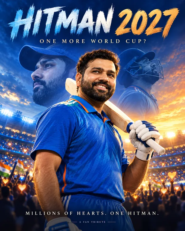 Tribute poster: HITMAN 2027, One more World Cup? Rohit Sharma with bat on shoulder, captioned Millions of hearts. One Hitman.