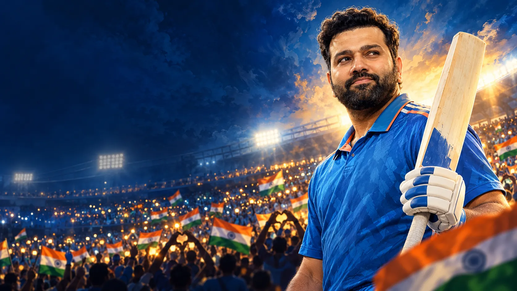 Tribute artwork: Rohit Sharma in India blue, bat resting on his shoulder, under stadium floodlights with fans waving flags.