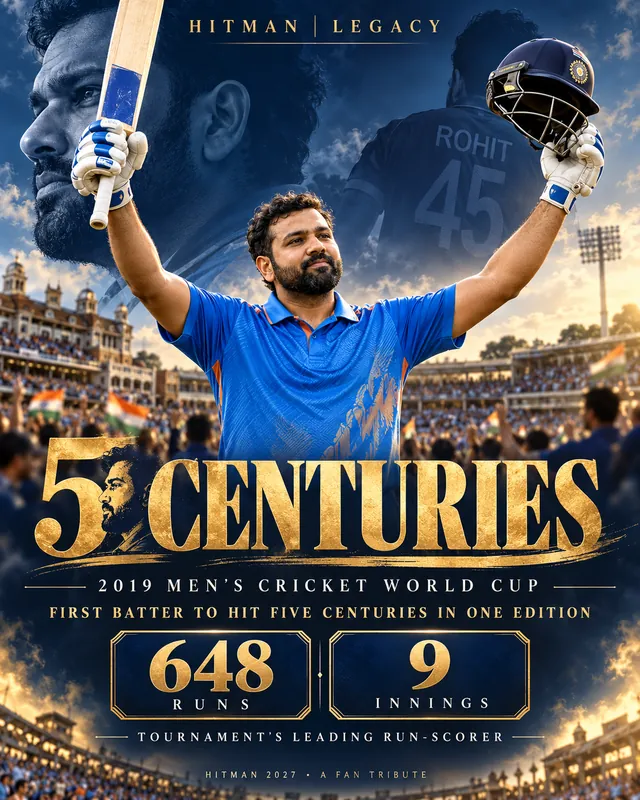 Tribute poster: 5 Centuries, 2019 Men's Cricket World Cup, 648 runs in 9 innings.