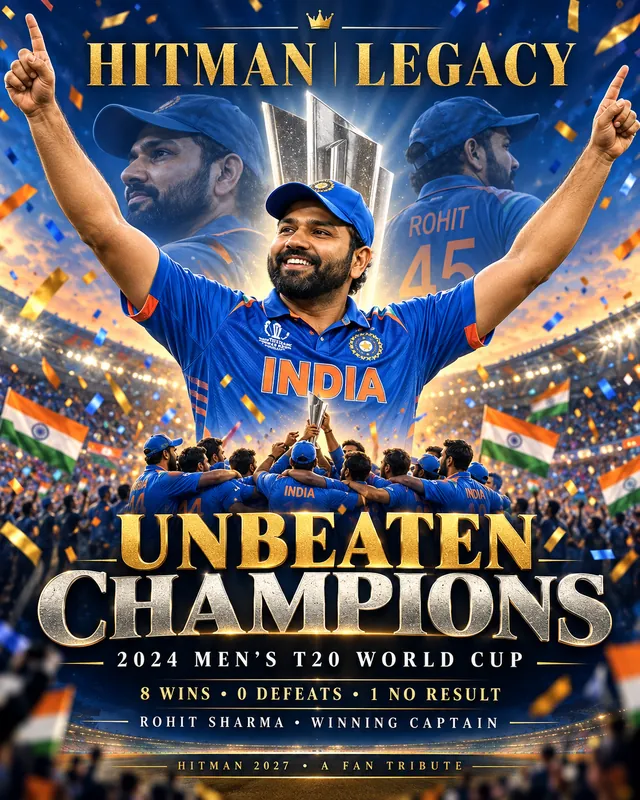 Tribute poster: Unbeaten Champions, 2024 Men's T20 World Cup, 8 wins, 0 defeats, 1 no result, Rohit Sharma winning captain.