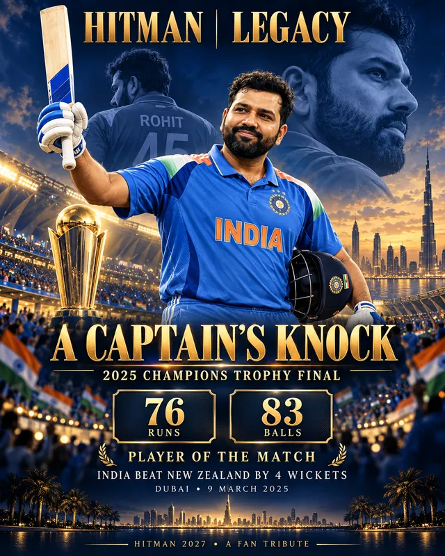Tribute poster: A Captain's Knock, 2025 Champions Trophy final, 76 runs from 83 balls, Player of the Match, India beat New Zealand by 4 wickets, Dubai, 9 March 2025.