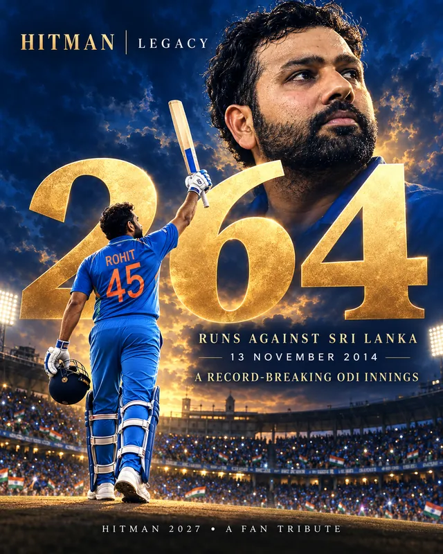 Tribute poster: a giant gold 264 behind Rohit Sharma raising his bat, captioned Runs against Sri Lanka, 13 November 2014.
