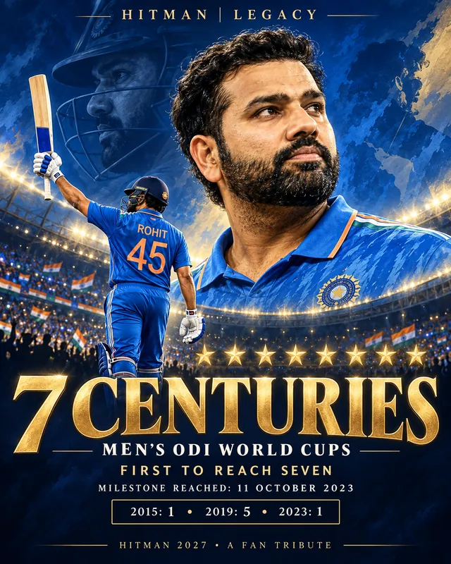 Tribute poster: 7 Centuries at Men's ODI World Cups, first to reach seven, milestone reached 11 October 2023.