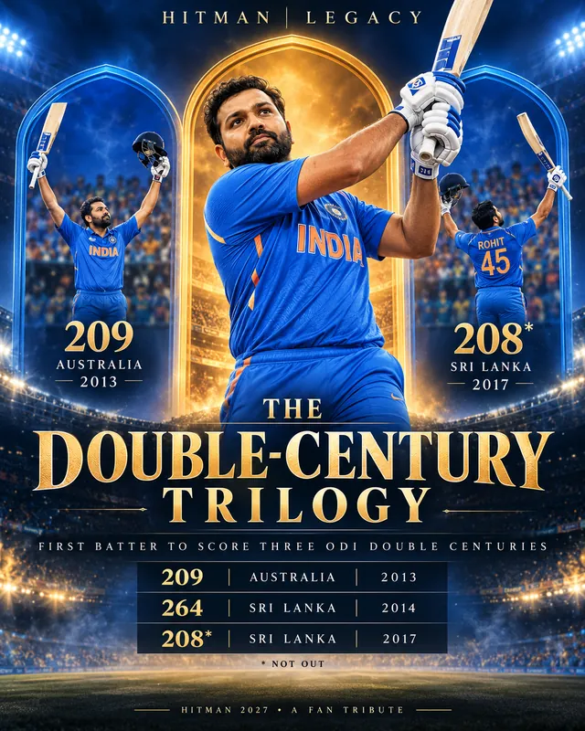 Tribute poster: The Double-Century Trilogy, showing 209 against Australia 2013, 264 against Sri Lanka 2014 and 208 not out against Sri Lanka 2017.